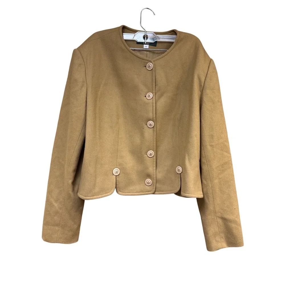 Orvis Women100% Wool Camel Tan Collarless Cropped Blazer Jacket Size 14 USA Made